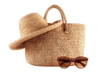 Straw hat, bag, glasses. Summer essentials on black background