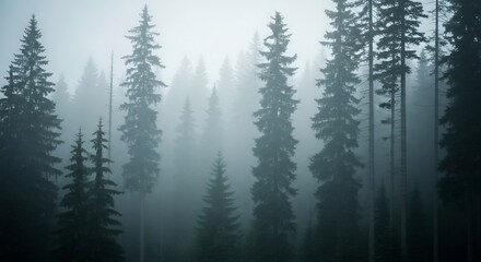 Fototapeta premium Ethereal Forest - A Misty Landscape of Towering Evergreen Trees.
