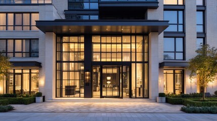 Luxury building entrance with glass doors & panels, limestone facade, & inviting glow at dusk