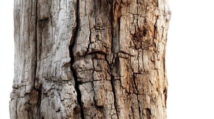 Obraz premium Fragment of weathered tree trunk shows intricate cracks and textured wood against a white background