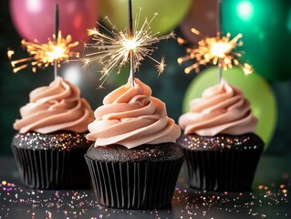 Three dark cupcakes with creamy pink frosting and lit sparkler candles for a celebration.