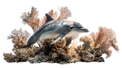 Underwater Photography: Captivating underwater photography of dolphins swimming through coral reefs, isolated on a Transparent background, PNG file.