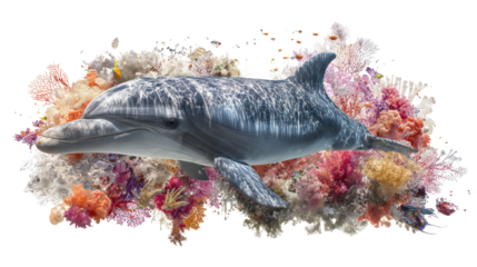 Underwater Photography: Stunning underwater photography capturing marine life such as dolphins and colorful coral, isolated on a Transparent background, PNG file.
