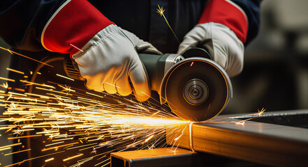 Close-up of a Worker Using an Angle Grinder to Cut Metal, Generating a Shower of Bright Sparks in a Factory