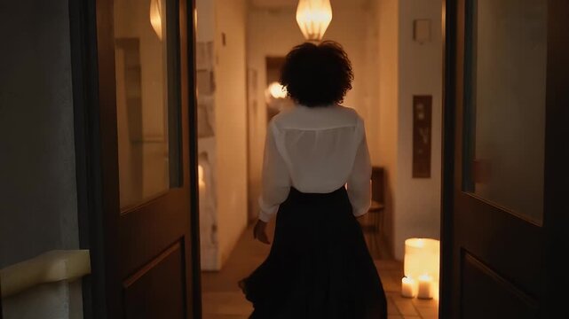 Smiling African American woman in an elegant white shirt and black skirt walking through patio doors, looking back over her shoulder with a welcoming expression.