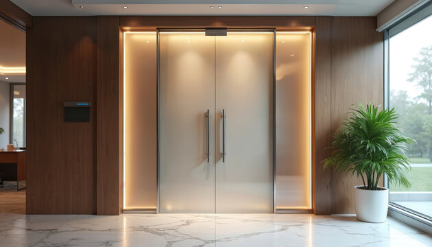 Modern office entrance with double frosted glass doors. Wood paneled walls, brushed metal handles, subtle interior lighting create pro workspace. Inside view shows executive office with desk.