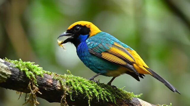 Captivating Golden-hooded Tanager Gleans for Food on a Mossy Branch in Lush Rainforest