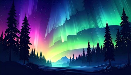 Northern light illustration with silhouette of pine trees 