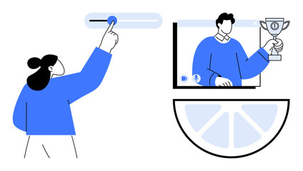 Woman tapping interface slider and man holding trophy in online meeting. Ideal for teamwork, virtual events, digital engagement, gamification, online rewards, productivity tools, user interaction