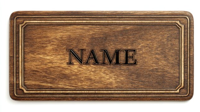 Rectangular dark wood plaque with routed border, engraved with the word "NAME" in a bold, serif font