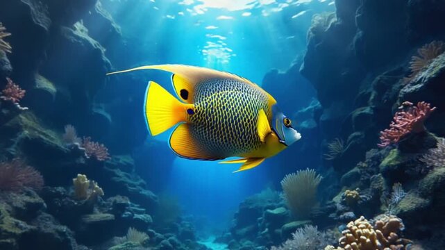 A beautiful angelfish swimming in a coral reef with blue water and rocks in the background image fish video
