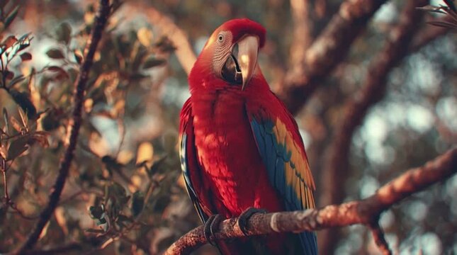 A vibrant red macaw perched on a tree branch, showcasing its colorful feathers, suitable for various design uses with warm, natural lighting and a blurred background.