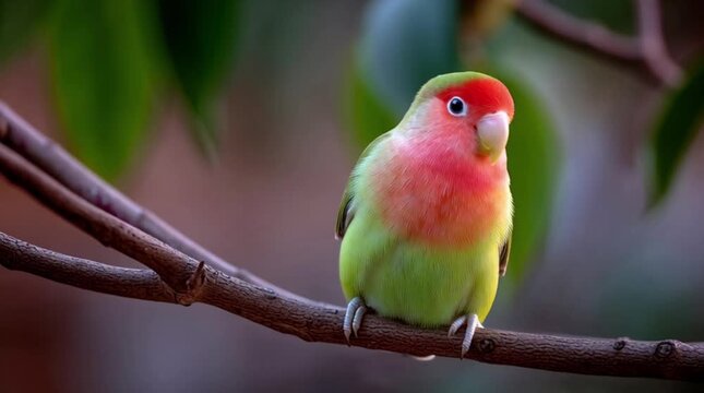 A vibrant rosella perches suitably on a branch with lush greenery in the background, showcasing its bright plumage in a close-up portrait with warm, natural tones.