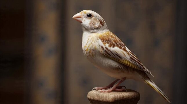 A small, brown and white bird perches suitably on a wooden object against a blurred, patterned background with warm tones.