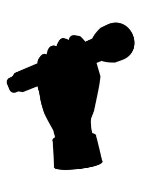 A microphone in a hand is a vector silhouette for a logo, pictogram, or stencil. A hand holding a microphone is a silhouette for a sign or icon.