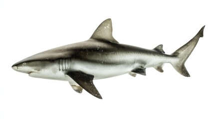 Fototapeta premium A side view of a gray shark, with a white underbelly, is isolated on a white background, showcasing its fins and sharp teeth