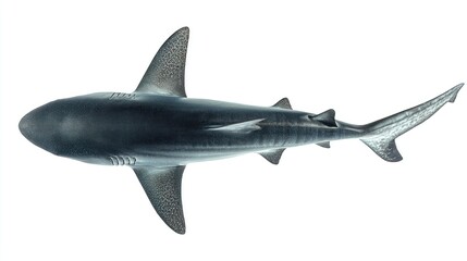 Fototapeta premium Overhead shot of a sleek, marine predator. Dark grey dorsal surface fades to a light belly. Fins are pointed, & speckled. Tail extends gracefully