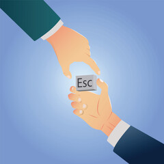 A creative vector illustration showing two hands interacting with a computer keyboard’s Esc or Escape key