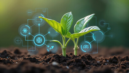 Young green plant sprouts grow from fertile soil with soft sunlight. Glowing digital tech interface infographics overlay shows real time growth data. Smart farming concept with crop monitoring