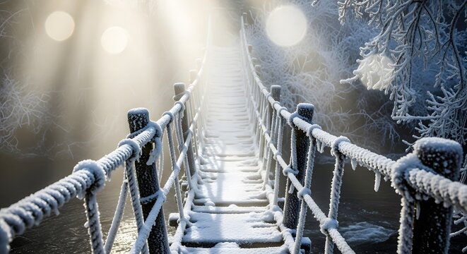 Fototapeta Winter Snow-Covered Rope Bridge Bathed in Enchanting Misty Light