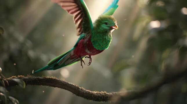 A vibrant green and red parrot taking flight from a tree branch, suitable for nature and wildlife themes, with a blurred forest background.