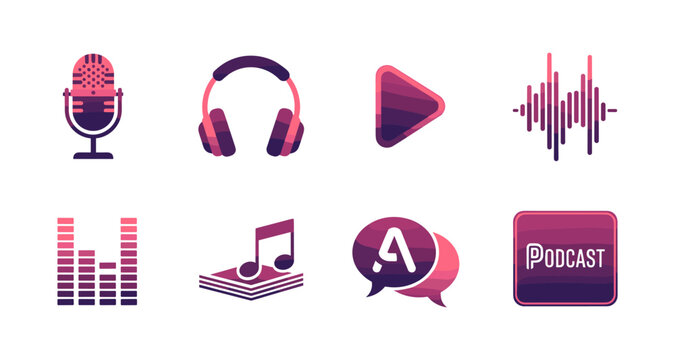 Modern audio icons set: headphones, microphone, music symbols, and podcast elements in flat design