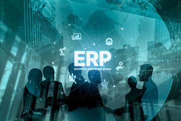 ERP platform visual showing centralized system for enterprise resource planning, improving integration, data flow, business efficiency, finance, inventory, and human resources. Spline