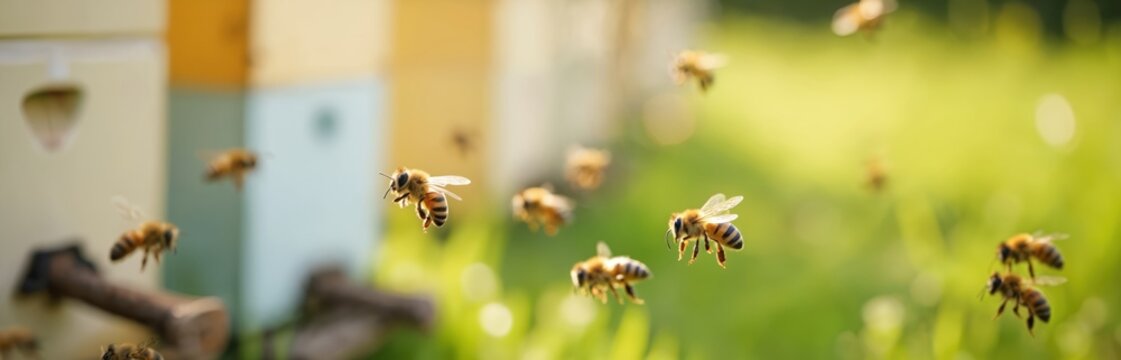 Bees fly near beehives on a lawn. Honeybees collect pollen and carry it to a hive. Apiculture is an eco agricultural business. Honey production and beekeeping concept. Sunny weather. - Powered by Adobe