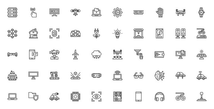 Technology icon set. Vector illustration featuring srver, smart tv, drone, robt, AI, blockchain, smart hme, renewable energy, and ore. Modern tech symbols cllection.