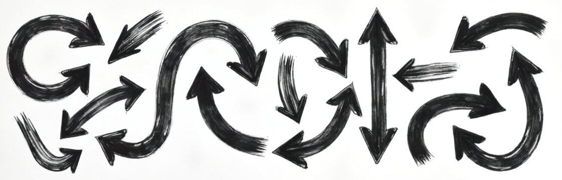 Collection of hand-drawn black arrows on white. Various shapes curves straight pointing directions. Artistic sketch elements. Graphic pointers motion signs.