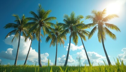 Fototapeta premium Rich green palm trees rise tall from vibrant grass on warm sunny day. Reach towards clear blue sky adorned with fluffy white clouds. Bright sunshine bathes exotic tropical scene, creating peaceful