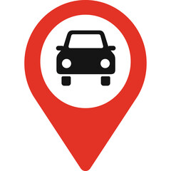 Red Map Pin Icon with Black Car Silhouette Isolated on White Background representing Location for Vehicle Services or Navigation