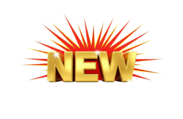 A striking 3d rendering of the word new in gleaming gold, set against a backdrop of radiant red and gold rays, isolated on transparent background ideal for highlighting new products and announcements