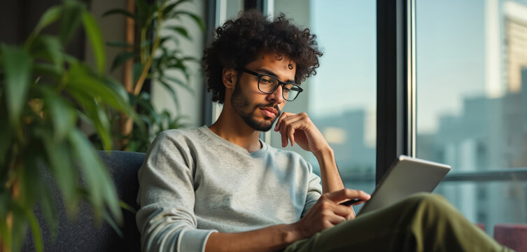 Focused man scrolls tablet app, works near window in modern apartment. Freelancer checks work on device. Student learns online. Person using touchscreen tablet for work or searching information.