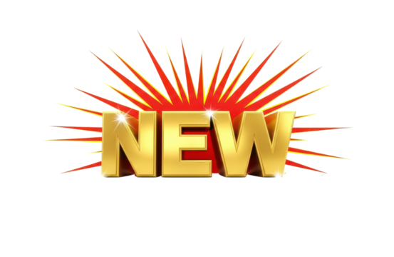 A striking 3d rendering of the word new in gleaming gold, set against a backdrop of radiant red and gold rays, isolated on transparent background ideal for highlighting new products and announcements