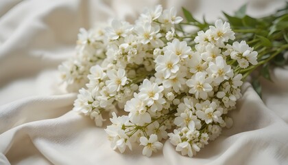 Delicate white flowers arranged on smooth beige linen