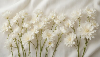 Delicate white flowers arranged on smooth beige linen