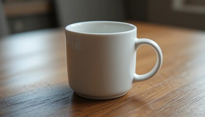 Minimal white ceramic mug on a warm wooden surface