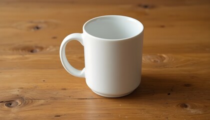 Minimal white ceramic mug on a warm wooden surface
