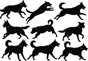 Multiple dog running silhouettes in active motion, domestic pet canine poses, playful energetic animal vector graphic,