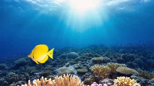 Yellow tang swimming near coral reef with sunlight streaming through the ocean water fish video