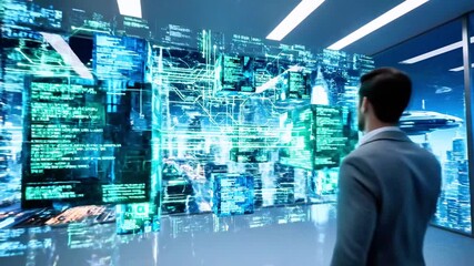 A man interacts with holographic data blocks in a futuristic office, overlooking a city - Powered by Adobe