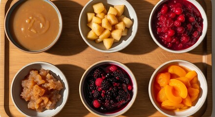 A top-down view of six small white bowls filled with various fruit preparations and sauces on a wooden tray, showcasing a colorful assortment.