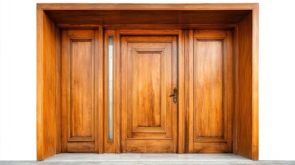 Obraz premium A detailed, symmetrical, wooden door entrance, featuring a central panel door, side panels, and a slim window, all with rich wood grain