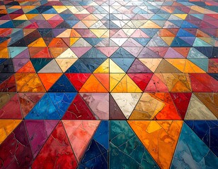 Geometric tessellated floor pattern, multicolored mosaic triangles