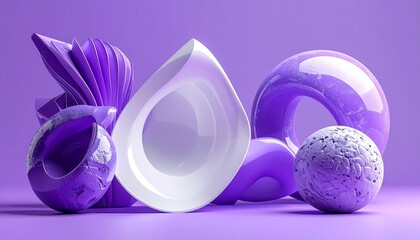 3d purple and white abstract geometrical shaped figures placed on purple background