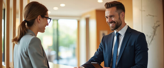 Man in suit talks with woman at hotel reception desk. Smiling businessman holds phone, interacts with female staff. Happy client gets good hospitality service for check in business travel needs.