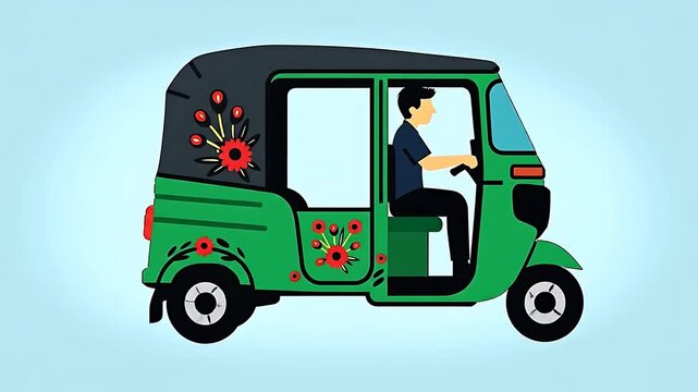 Colorful Auto Rickshaw with Driver &ndash; Traditional Tuk Tuk 2D Animation