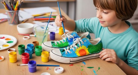 Young boy with a paintbrush enthusiastically customizing his white canvas sneakers with vibrant colors and a sunflower design during an art activity at a table