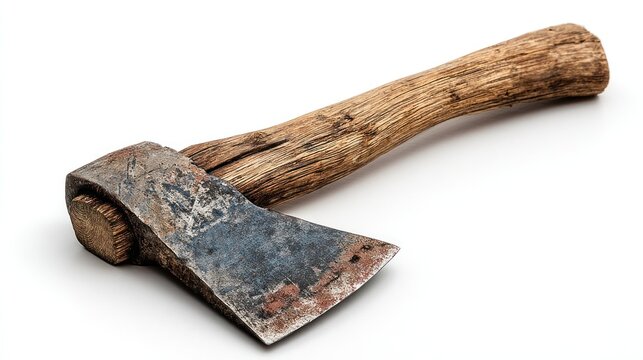 Old axe with a wooden handle resting on a white surface, showing wear and age on the metallic blade